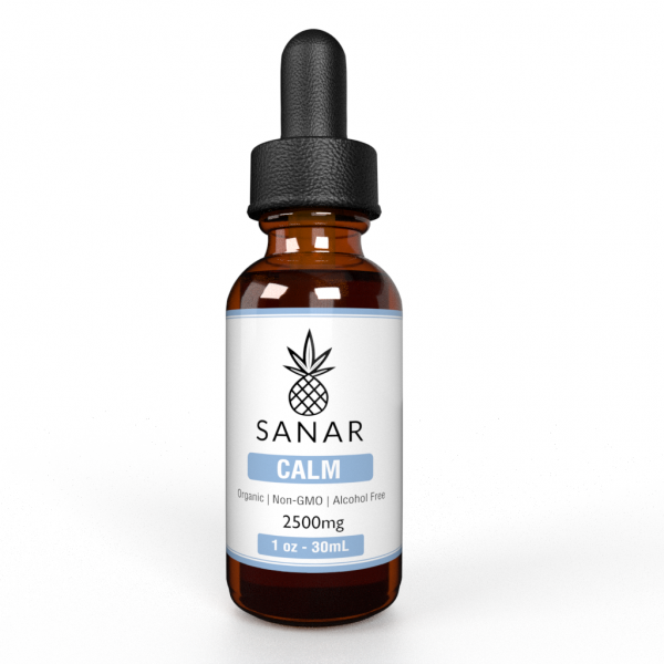Bottle of Calm CBD Tincture with orange flavor, available in full and broad spectrum CBD at 2500mg strengths.