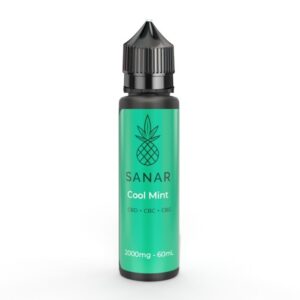A 60mL bottle of Refreshing Cool Mint CBD Vape Juice, featuring a potent 2000mg strength and a balanced blend of CBD, CBC, and CBG for an invigorating wellness vaping experience, free from cutting agents and preservatives.