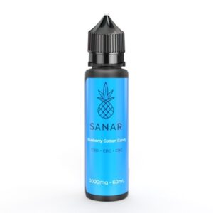 A 60mL bottle of Blueberry Cotton Candy CBD Vape Juice with 2000mg strength, featuring a blend of CBD, CBC, and CBG for a comprehensive wellness vaping experience.